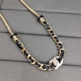 18K CC Black Leather Gold Chain Necklace