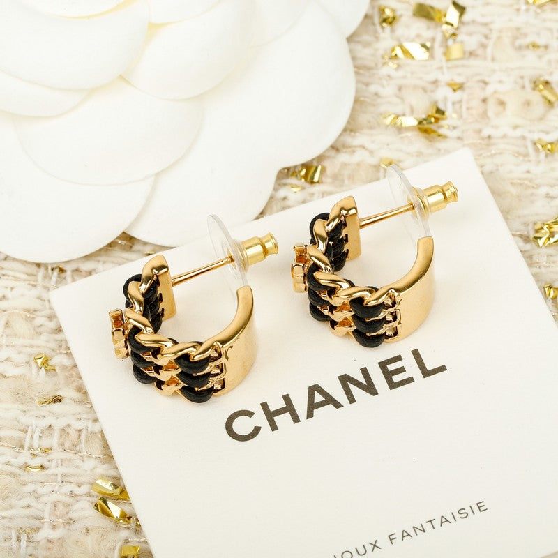 18K CC Half Circle Leather Gold Earrings