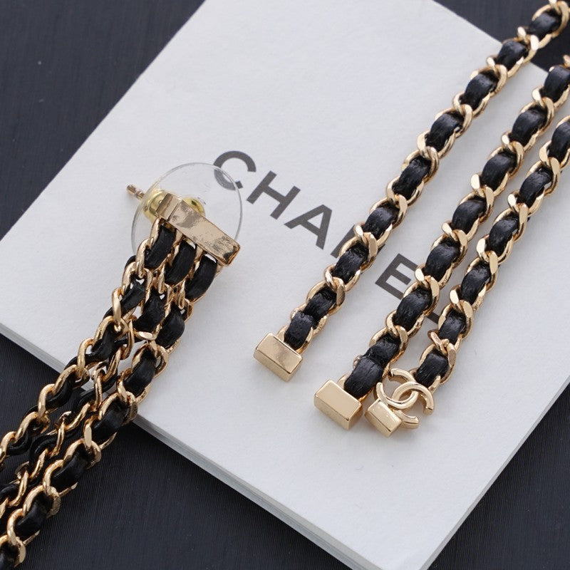18K CC Black Leather Chain Gold Earrings