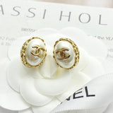 18K CC Oval Pearl Gold Earrings