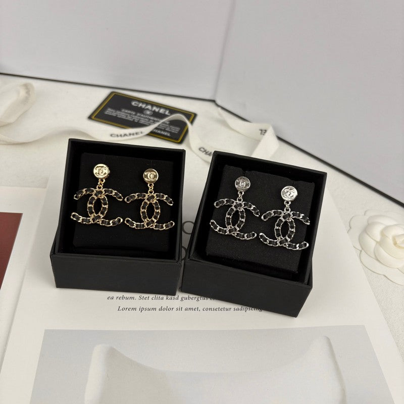 18K CC Leather Gold Earrings