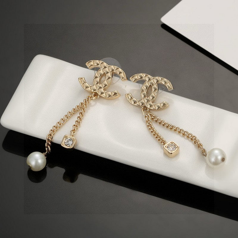 18K CC Long Pearl Pendant Earrings