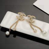 18K CC Long Pearl Pendant Earrings