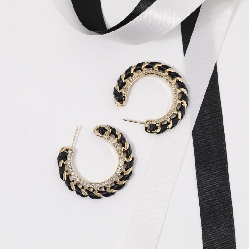 18K CC Black & Red Leather Earrings