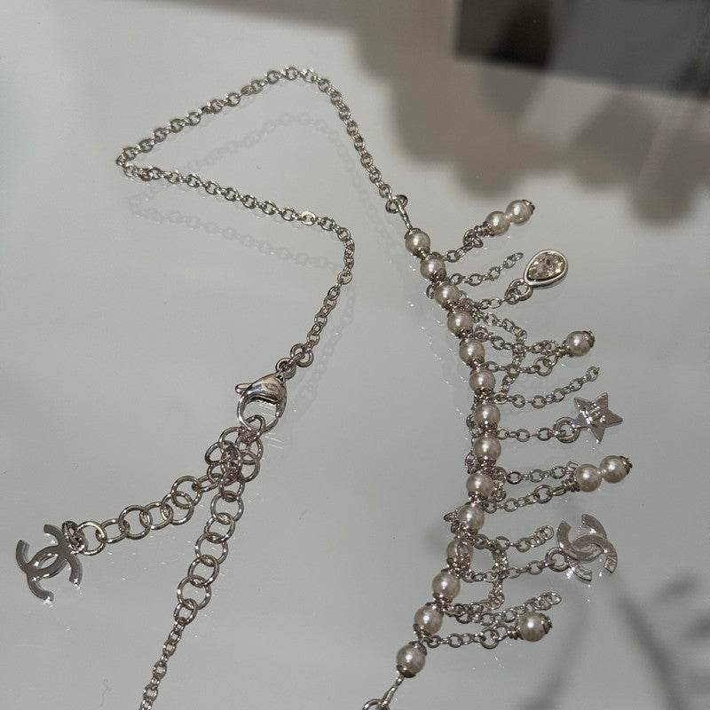 18K CC 26C Pearl Diamond Tassel Choker Necklace