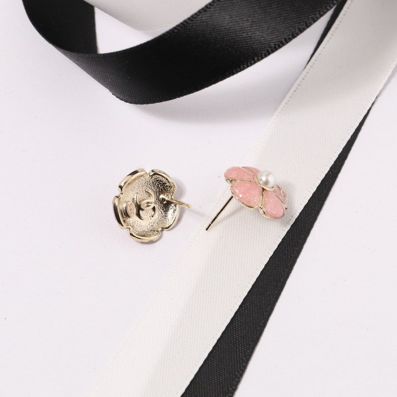 18K CC Black & Pink Camellia Earrings