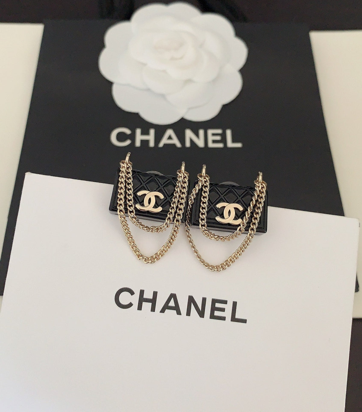 18K CC Black Bag Pendant Earrings