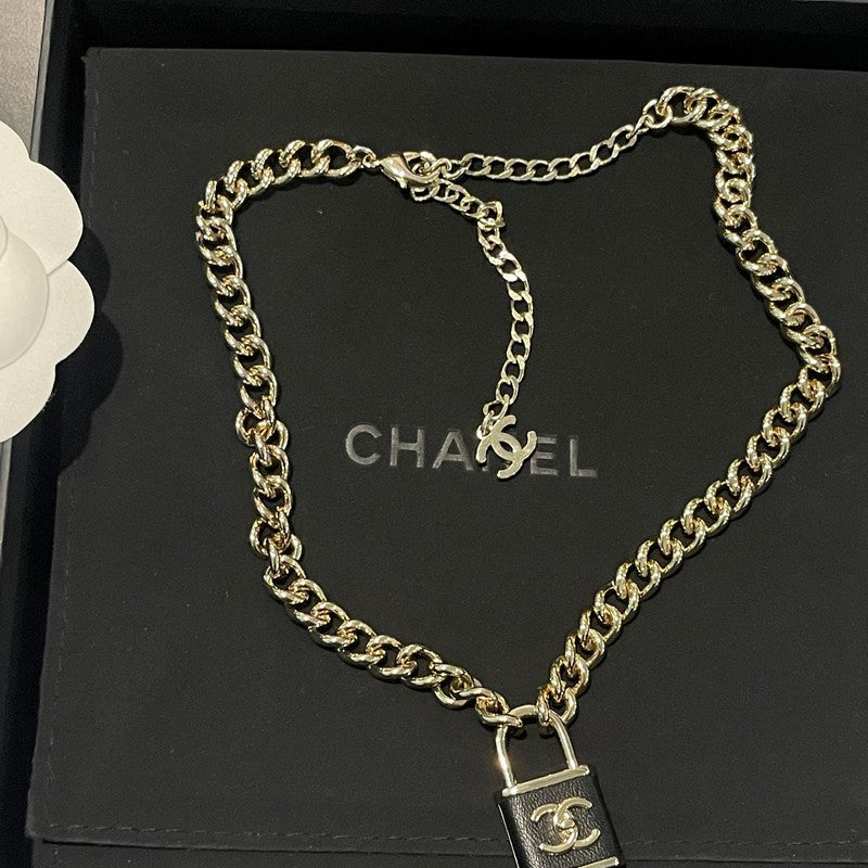 18K CC Black Leather Gold Lock Necklace