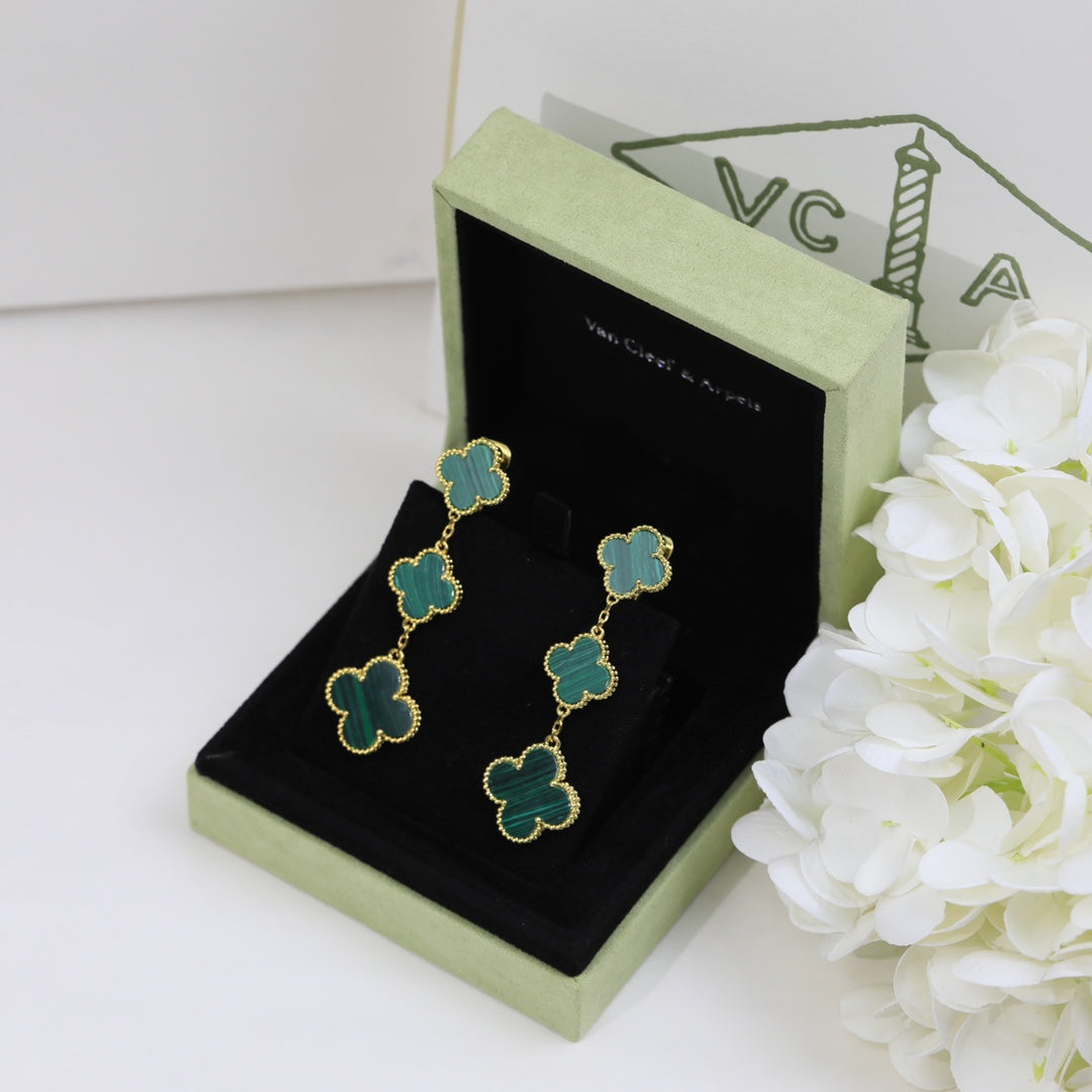 18K Magic Alhambra Three Malachite Motifs Clover Earrings