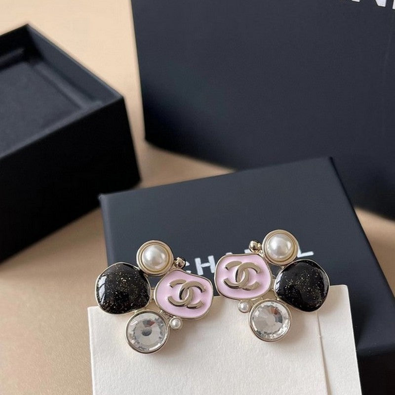 18K CC 25K Black & Pink Crystal Earrings