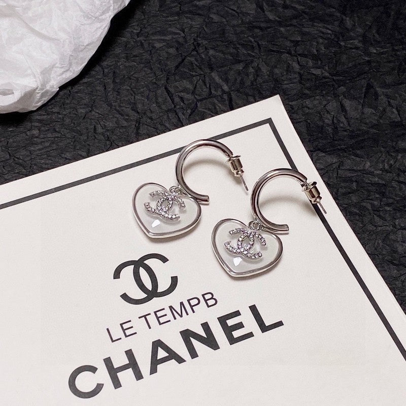 18K CC White Heart Earrings