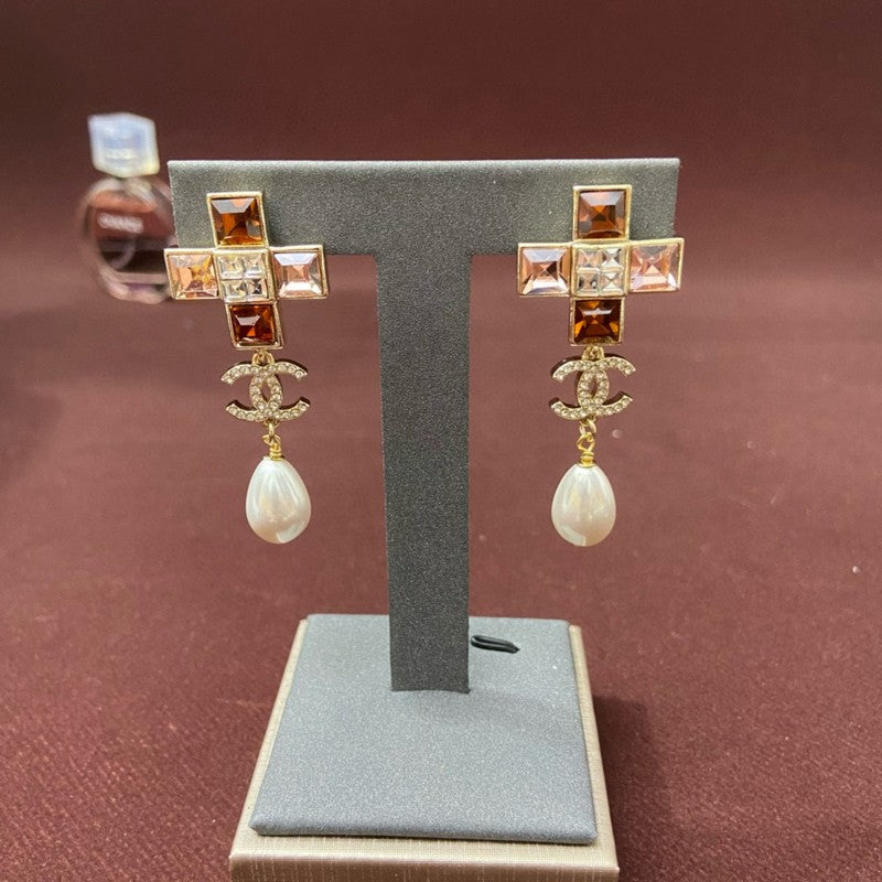 18K CC Red Cross Pearl Pendant Earrings