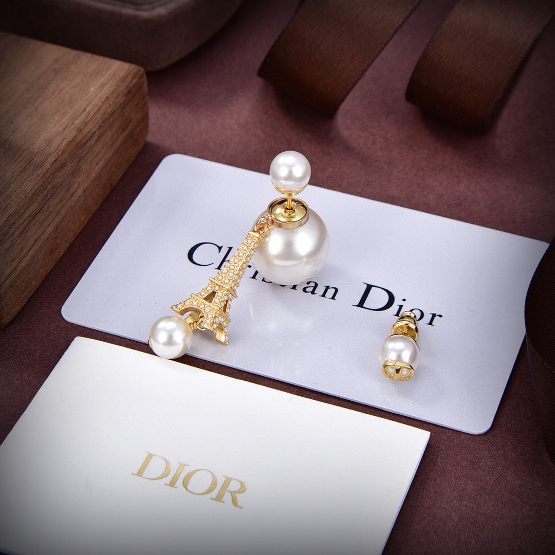 18K CD Tribales Eiffel Tower Charm White Pearls Earrings