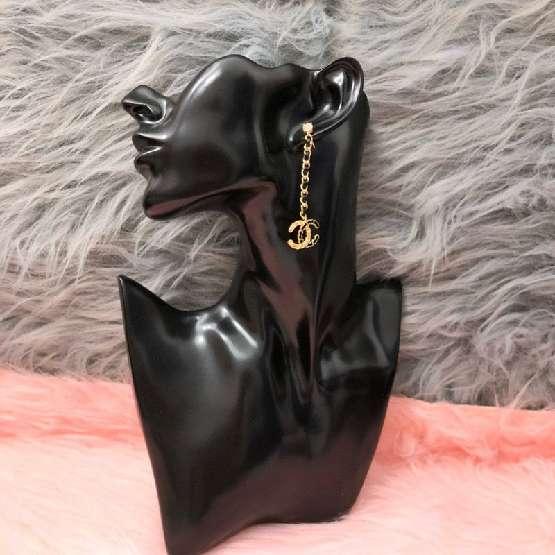 18K CC Leather Gold Long Earrings