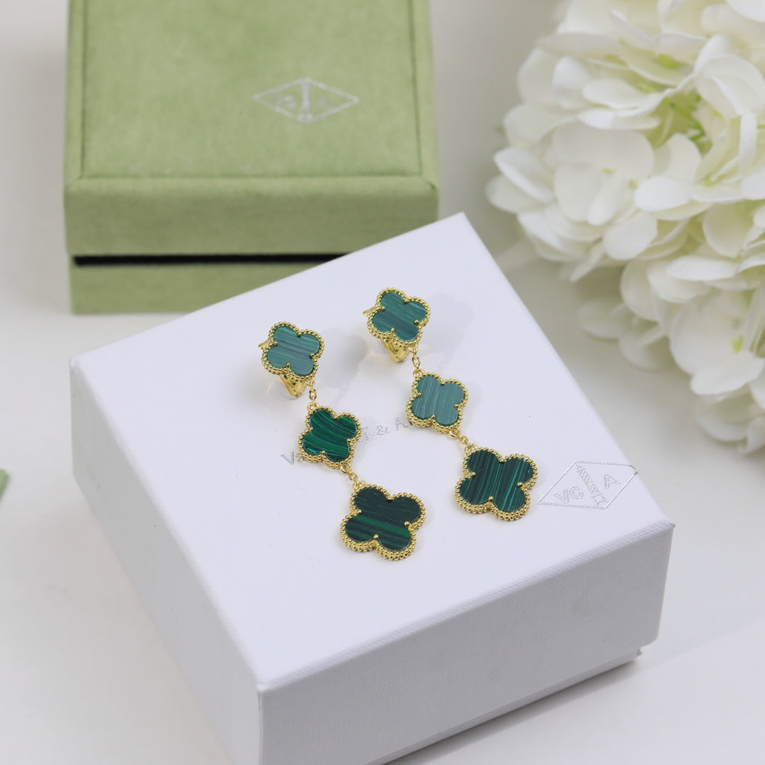 18K Magic Alhambra Three Malachite Motifs Clover Earrings
