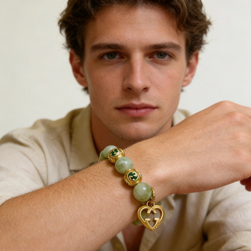 18K GG Anger Forest Green Bead Gold Chain Bracelet