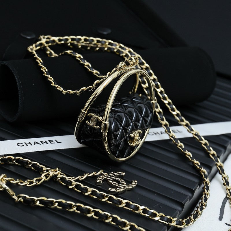 18K CC Black Bag Long Leather Necklace
