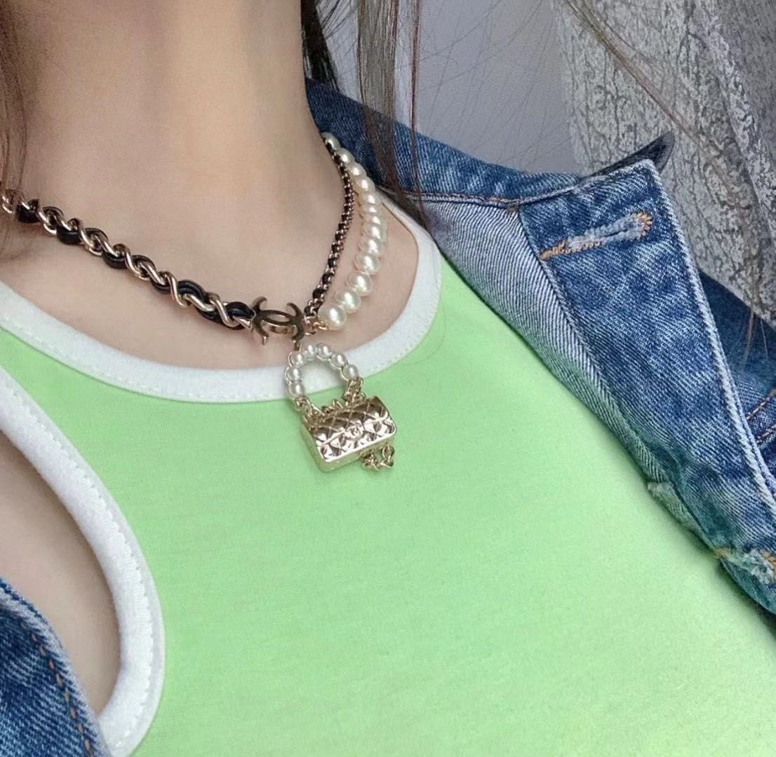 18K CC Pearl Leather Bag Pendant Necklace