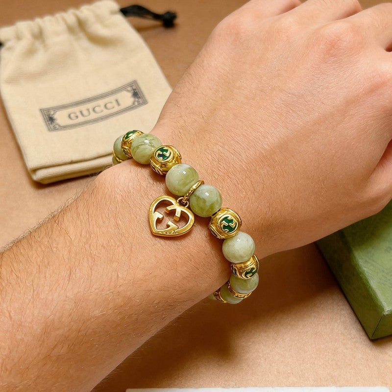 18K GG Anger Forest Green Bead Gold Chain Bracelet