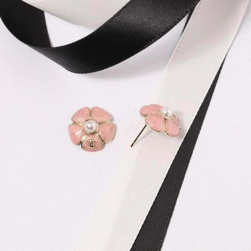 18K CC Black & Pink Camellia Earrings