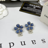 18K CC 26C Blue Flower Diamond Earrings
