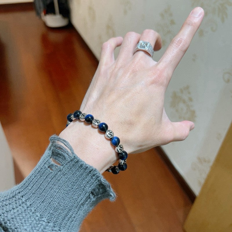18K GG Anger Forest Blue Tiger's Eye Bead Chain Bracelet