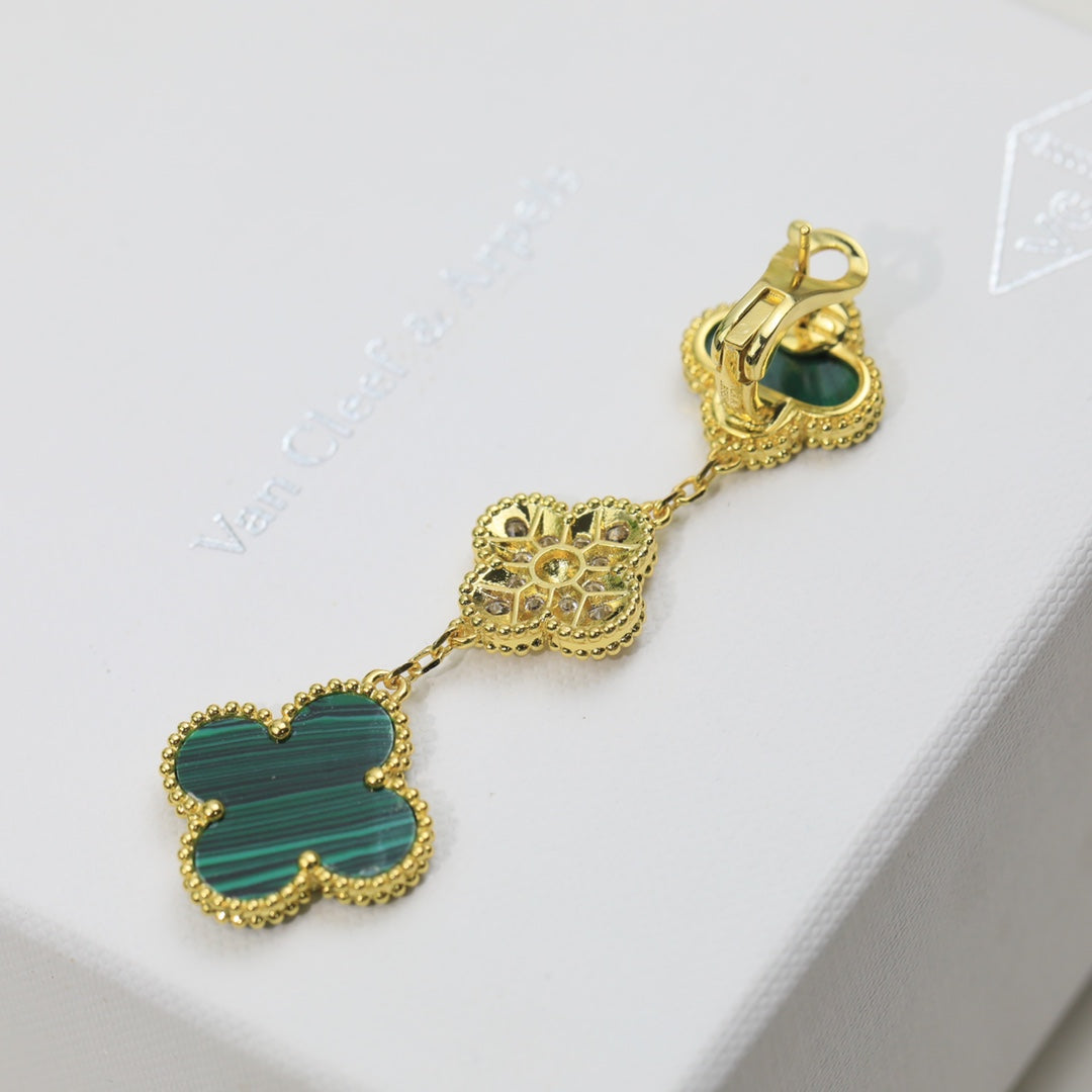 18K Magic Alhambra Three Malachite Motifs Clover Earrings