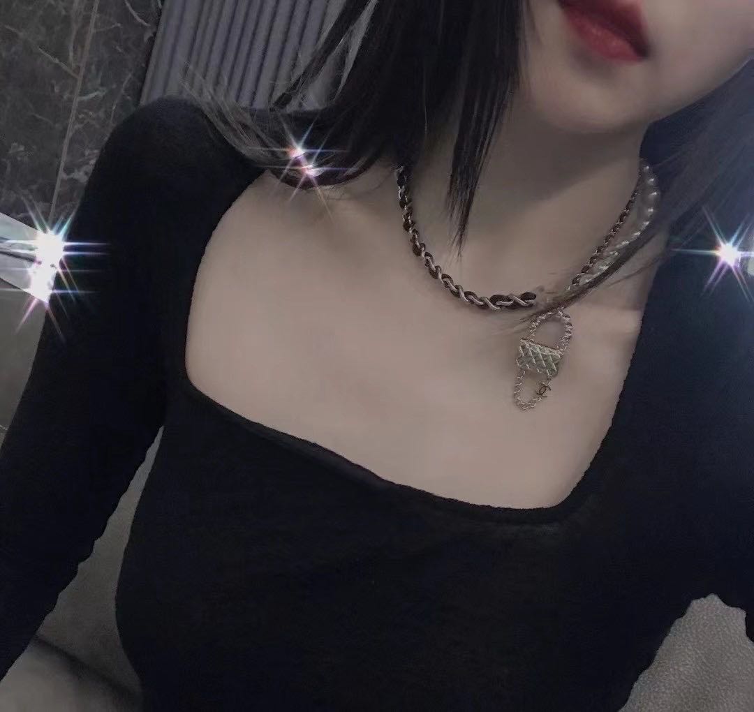 18K CC Pearl Leather Bag Pendant Necklace
