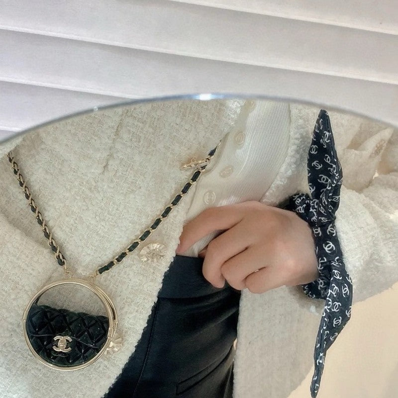 18K CC Black Bag Long Leather Necklace