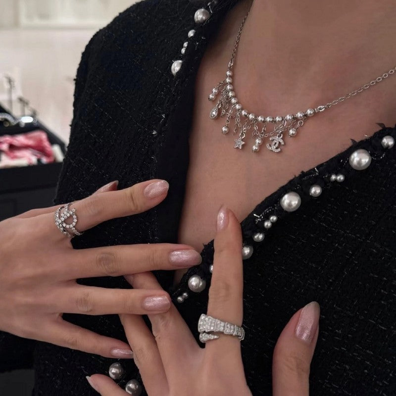 18K CC 26C Pearl Diamond Tassel Choker Necklace