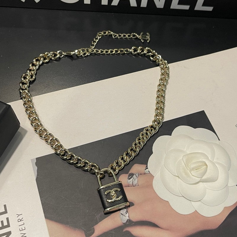18K CC Black Leather Gold Lock Necklace