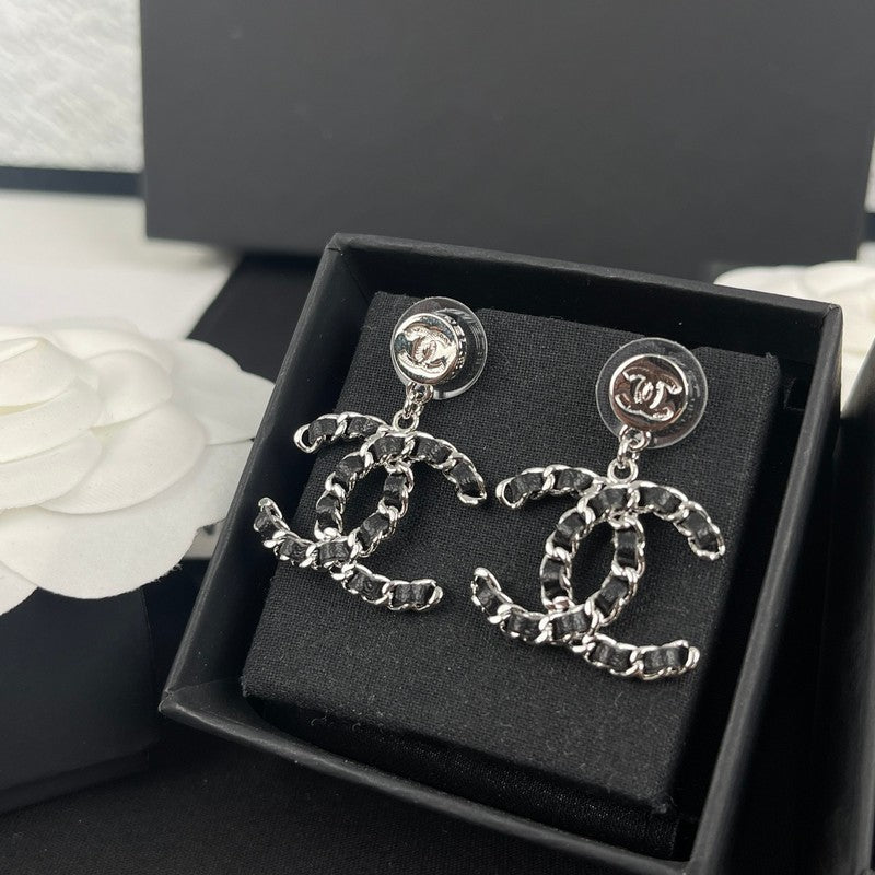 18K CC Leather Gold Earrings