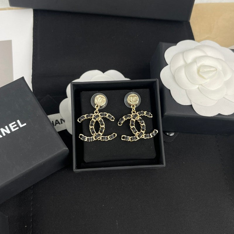 18K CC Leather Gold Earrings